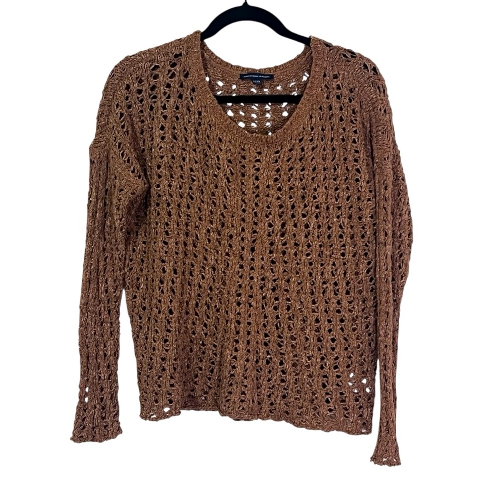 American Eagle Sweater Open Knit Crocheted Tan Brown Lightweight AEO Size Small